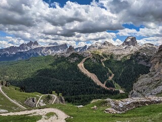 Fototapeta na wymiar 5 Torri, Cinque Torri. Dolomites landscape from five towers. Alps mountains. Belluno, Veneto, Italy. views of the alps