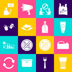 Set Paper glass, Canister for machine oil, Cream cosmetic tube, Stop plastic pollution, Fish care, Problem of the ocean, Nature saving protest and Bottle liquid soap icon. Vector