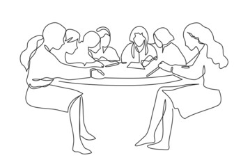 Group of people working continuous one line vector drawing. Students preparing to exams, doing homework hand drawn characters. Coworking. Job meeting, discussion. Minimalistic contour illustration