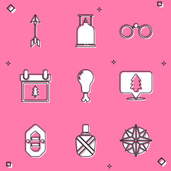 Set Hipster arrow, Camping gas stove, Binoculars, Calendar with tree, Chicken leg, Location of the forest, Rafting boat and Canteen water bottle icon. Vector