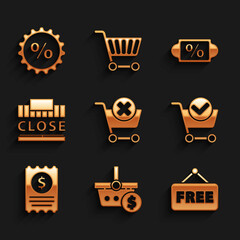 Set Remove shopping cart, Shopping basket and dollar, Price tag with text Free, check mark, Paper financial, building closed, Discount percent and icon. Vector