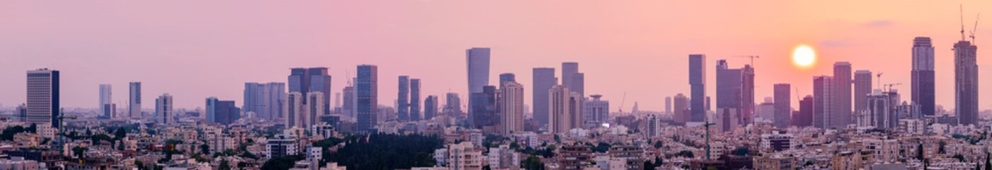 Tel Aviv Skyline At Sunset,  Tel Aviv Cityscape Large Panorama At Sunset Time, Israel