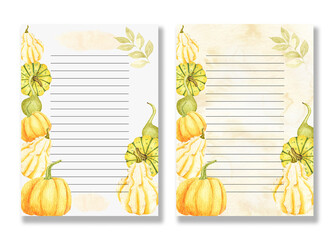 Watercolor vegetable template for writing recipes. Outlined blank note sheet template. Blank page with watercolor yellow round pumpkins for menu or entries. Design for a cookbook. Falling pumpkin.