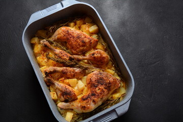 Baked chicken leg quarters and drumsticks seasoned with garlic and herbs with potatoes in a baking dish