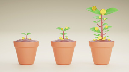 3D Rendering concept of investment. Trees with coins falling down from small to big on background. 3D Render. Growing money tree. Stages of growing. Gold coins on branches. Symbol of wealth. 