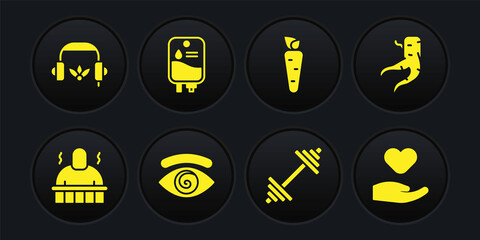 Set Sauna and spa procedures, Ginger root, Hypnosis, Dumbbell, Carrot, IV bag, Heart hand and Headphones for meditation icon. Vector