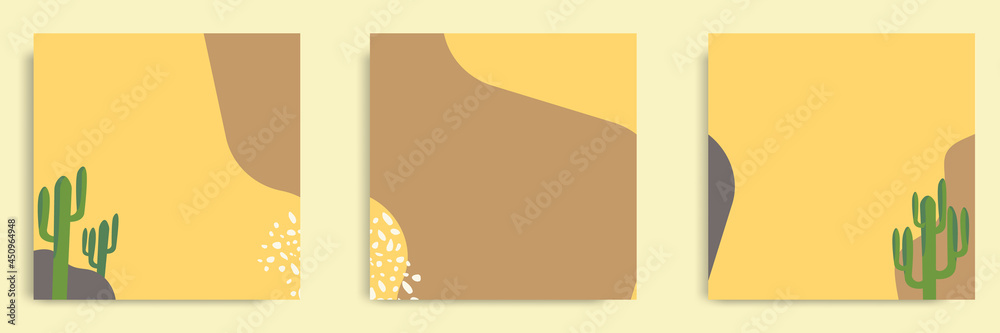 Sticker set of abstract organic fluid line and cactus background template and layout in square shape for mul