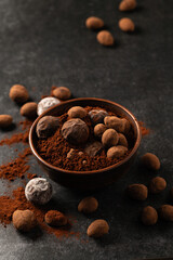 natural chocolate truffles in decorative dishes, dark background, gloomy mood