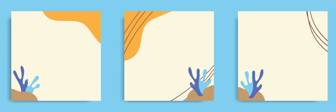 Set of abstract organic fluid and coral background template and layout in square shape for multipurpose usage web and print, banner, cover in yellow peach sand color.