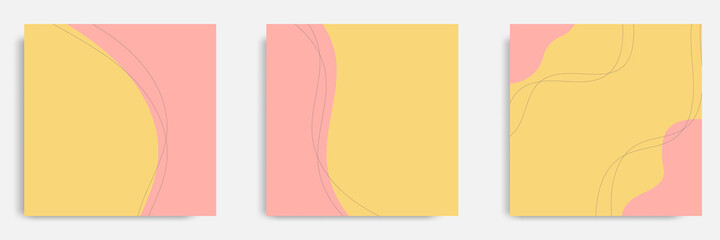 Set of abstract organic fluid line background template and layout in square shape for multipurpose usage web and print, banner, cover in yellow pink peach color.