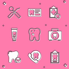 Set Dental inspection mirror, card, Tube of toothpaste, Tooth with caries, First aid kit, whitening concept and Online dental care icon. Vector