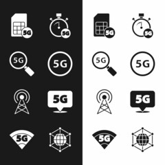 Set 5G network, Search, Sim Card, Digital speed meter, Antenna, Location, Social and icon. Vector
