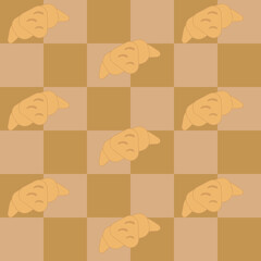 Seamless pattern. Cute cartoon croissant on checkered brown square many background. For tablecloth, wallpaper, kitchen decoration, tiled floor, apron pattern. Illustration art design.