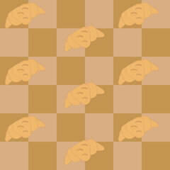 Seamless pattern. Cute cartoon croissant on checkered brown square many background. For tablecloth, wallpaper, kitchen decoration, tiled floor, apron pattern. Illustration art design. Vector EPS10.