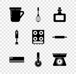 Set Coffee cup, Kitchen whisk, Sauce bottle, Air conditioner, Pizza knife, Scales, Blender and Gas stove icon. Vector
