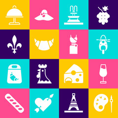 Set Paint brush with palette, Wine glass, Scooter, Fountain, Croissant, Fleur De Lys, Covered tray and Woman dress icon. Vector