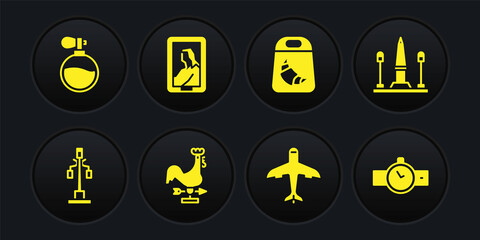 Set Street light, Place De La Concorde, Rooster weather vane, Plane, Croissant package, Portrait in museum, Wrist watch and Perfume icon. Vector