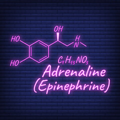 Human hormone adrenaline, epinephrine element concept chemical skeletal formula icon label, text neon glow vector illustration, isolated on black.