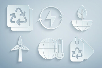 Set Global warming, Earth globe and plant, Wind turbine, Tag with recycle, Lightning bolt and Recycle icon. Vector