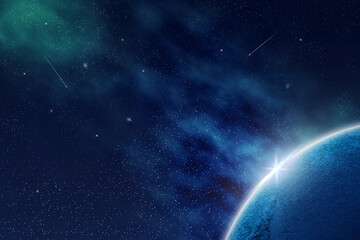 Abstract blue planet in the cosmic sky. Universe. Space background.