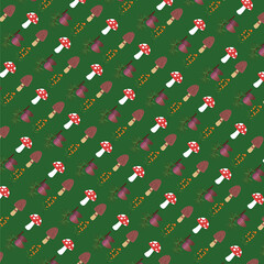 Seamless pattern. Set of colorful wild plants and fungus on green background
