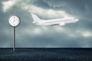 Street clock and plane in the cloudy sky. Travel concept.