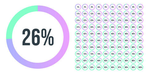 Set of Performance Indicators Percentage Circle from 0 to 100. Circle diagrams meter for web design. Pie Chart with Percentage Values for UX, user interface UI or infographic. Progress loading Circle.