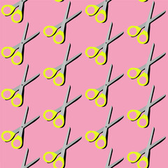 seamless pattern gray scissors with bright green handles on pink background. Hand drawn illustration isolated on pink background