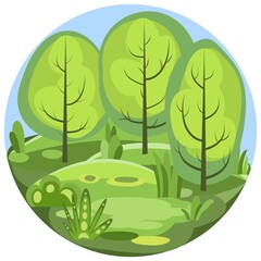 Flat forest. Illustration round in a simple symbolic style. Funny green landscape. Isolated. Comic cartoon design. Cute scene with trees. Country Wild Scenery. Vector