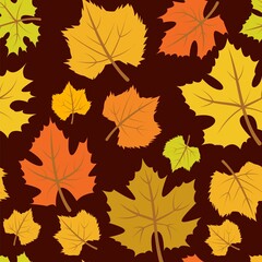 Orange Foliage. Seamless pattern with maple leaves. Autumn dark background. Vegetable illustration. Vector