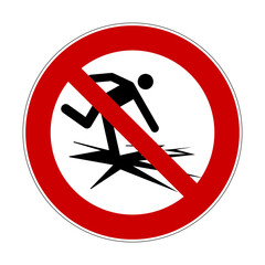 Do not enter on ice prohibition sign. Red crossed out circle sign with man falling on cracking ice. Vector illustration of risk of falling into cold water. Do not walk. Access denied. No ice skating.