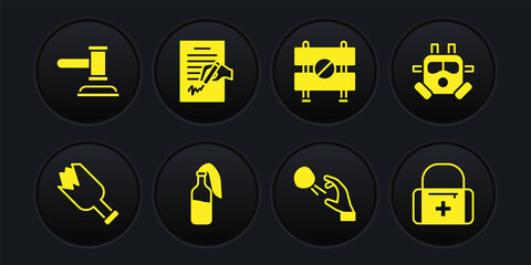 Set Broken bottle as weapon, Gas mask, Cocktail molotov, Hooligan shooting stones, Road barrier, Petition, First aid kit and Judge gavel icon. Vector