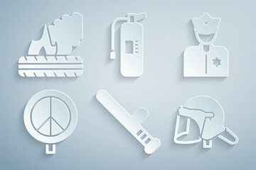 Set Police rubber baton, officer, Peace, helmet, Fire extinguisher and Lying burning tires icon. Vector