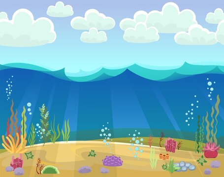 Sandy bottom of the reservoir. Blue transparent clear water. Sea ocean. Underwater landscape with plants, algae and corals. Illustration in cartoon style. Flat design. Vector art