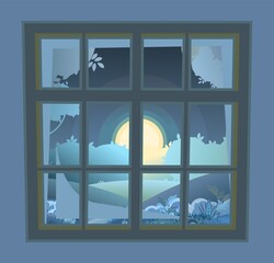 Window is rectangular. With window sill and wall fragments. Moon light. Summer landscape view. Cartoon style. Flat design. Vector