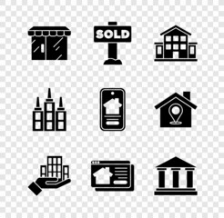 Set Market store, Hanging sign with text Sold, House, Skyscraper, Online real estate house, Museum building, and icon. Vector