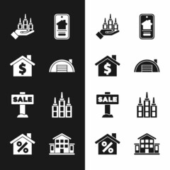 Set Warehouse, House with dollar symbol, Skyscraper, Online real estate, Hanging sign Sale, and percant discount icon. Vector
