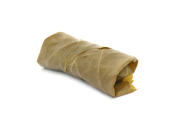 Delicious stuffed grape leaf on white background