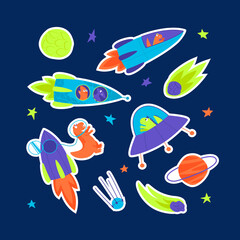 Neon stickers of bright dinosaurs traveling into space on a rocket. Dino travels in a rocket through the galaxy. Kids stickers with a space dinosaur. Flat illustrations illustrations.