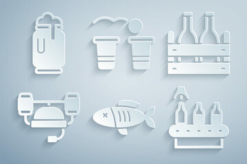 Set Dried fish, Pack of beer bottles, Beer helmet, Conveyor band,, pong game and can with foam icon. Vector