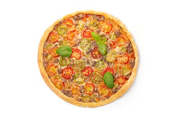 Italian meat pizza with tomatoes, three types of meat (sausages, bacon, minced meat), mozzarella cheese decorated with green basil leaves.