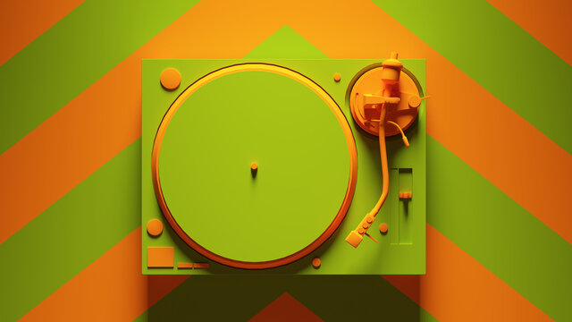Green Orange Turntable Post-Punk Record Player with Green an Orange Chevron Pattern Background 3d illustration render	
