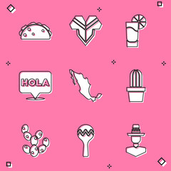 Set Taco with tortilla, Poncho, Tequila glass lemon, Hola, Map of mexican, Cactus succulent in pot, and Maracas icon. Vector © vector_v