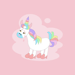 Cartoon image in pastel tones of a side of a cute sad girl unicorn is standing crying on a pink background.  Vector isolate flat design hand drawn for greeting card, posters or kids clothes or T-shirt