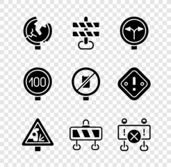 Set Road traffic sign, barrier, Fork in the road, Warning, Speed limit and No cell phone icon. Vector