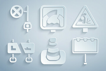 Set Traffic cone, Warning road sign, Road traffic, Billboard with lights, Drawbridge ahead and Stop camera icon. Vector