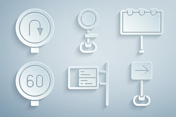 Set ublic transport board, Billboard with lights, Speed limit traffic, Traffic sign turn right, Road and Turn back road icon. Vector