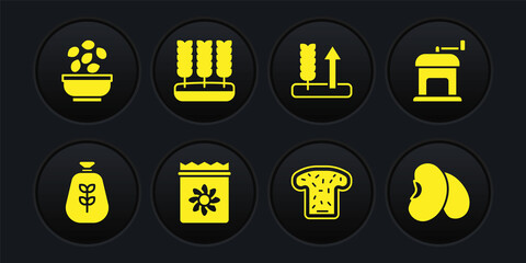 Set Bag of flour, Manual coffee grinder, Pack full seeds plant, Bread toast, Wheat, Beans and Seeds bowl icon. Vector