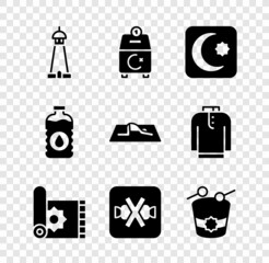 Set Mosque tower or minaret, Donate pay your zakat, Star and crescent, Traditional carpet, No sweets, Ramadan drum, Bottle of water and Muslim man prays icon. Vector