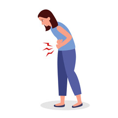 Woman feel pain in stomach concept vector illustration on white background. Diarrhea or constipation. Abdomen disease and illness. Period pain in flat design.